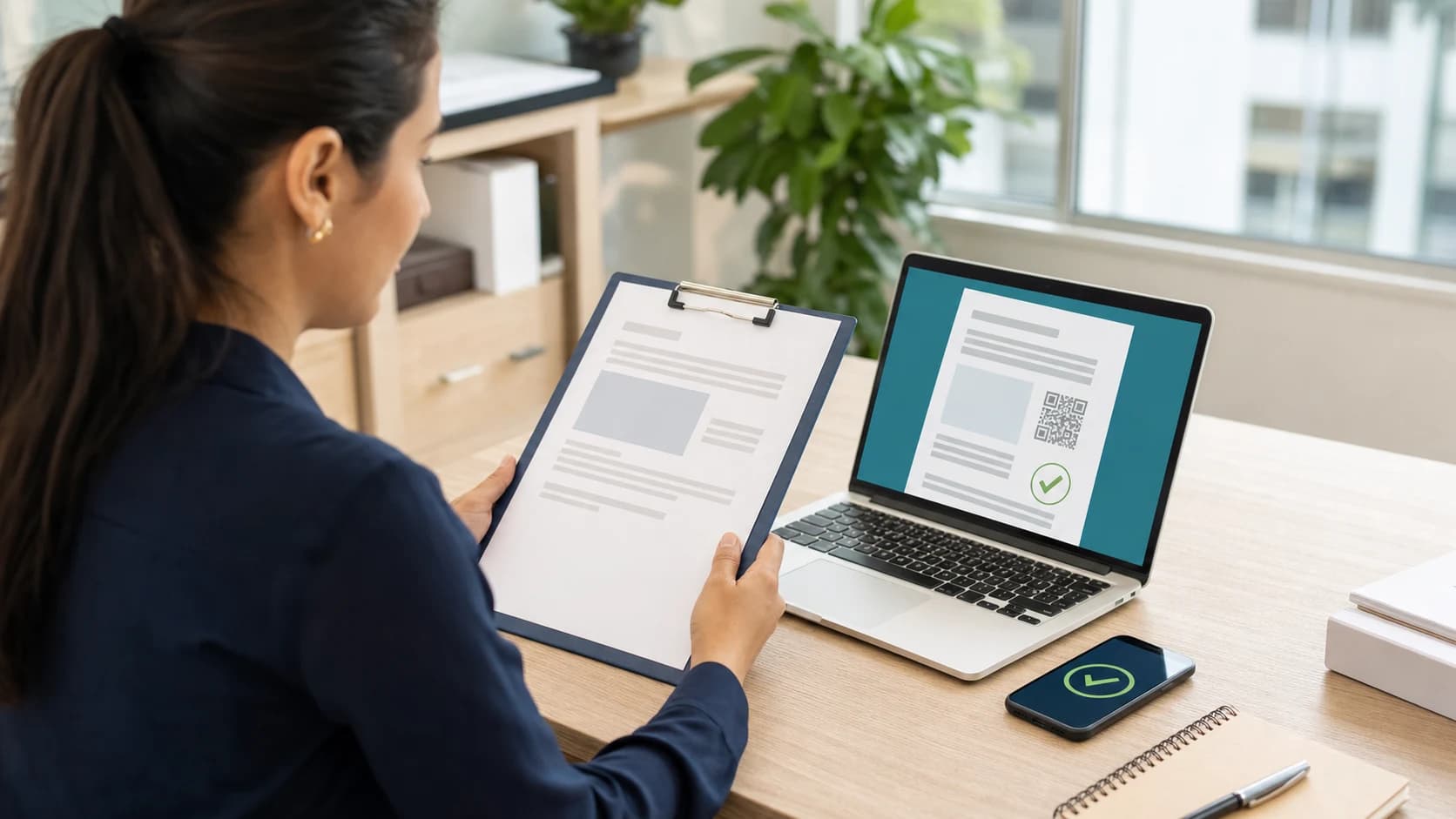 Profissional de RH comparando atestado médico em papel com documento digital verificável