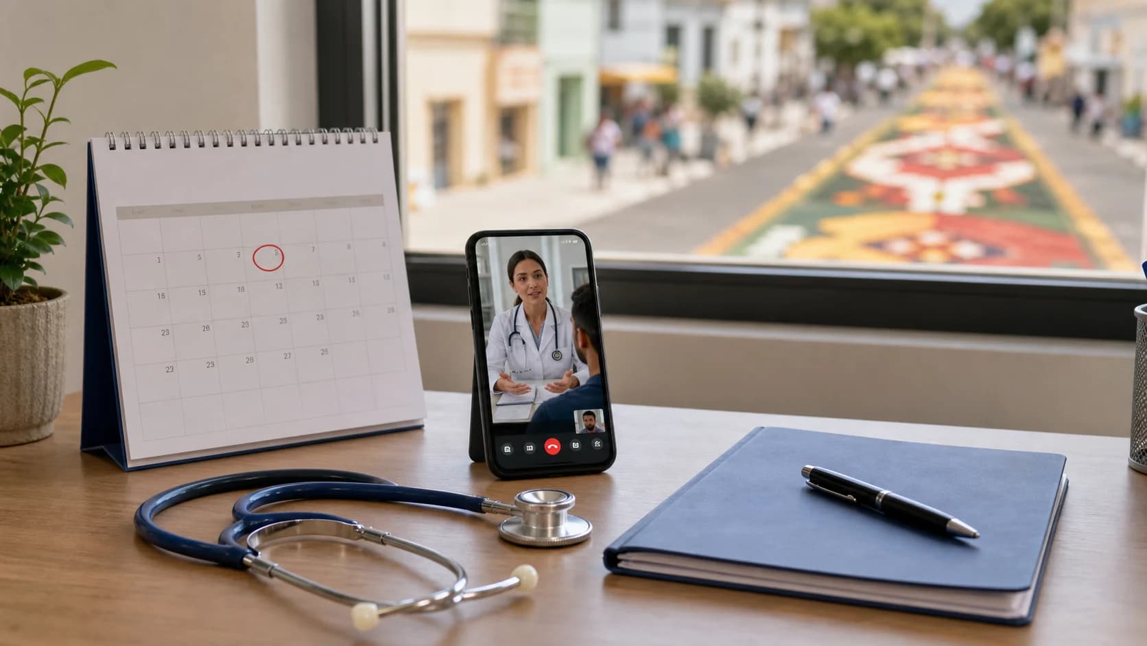 Mesa com calendário de junho de 2026, teleconsulta médica e tapete de Corpus Christi ao fundo