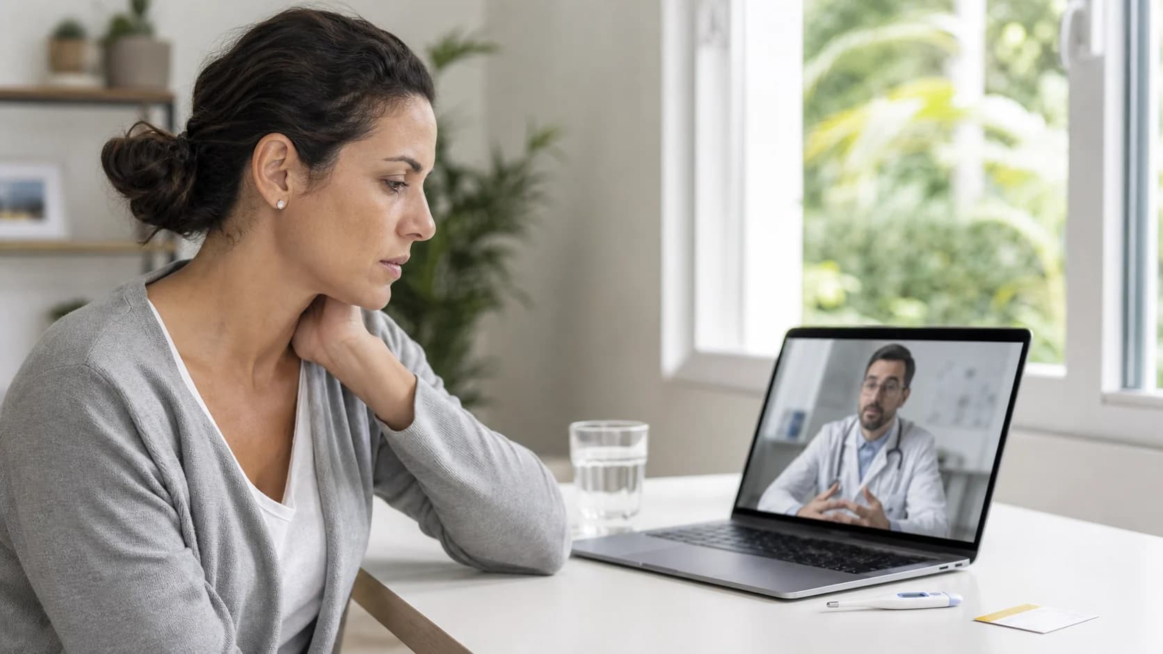Paciente em teleconsulta médica avaliando sintomas de dengue para possível emissão legal de atestado online