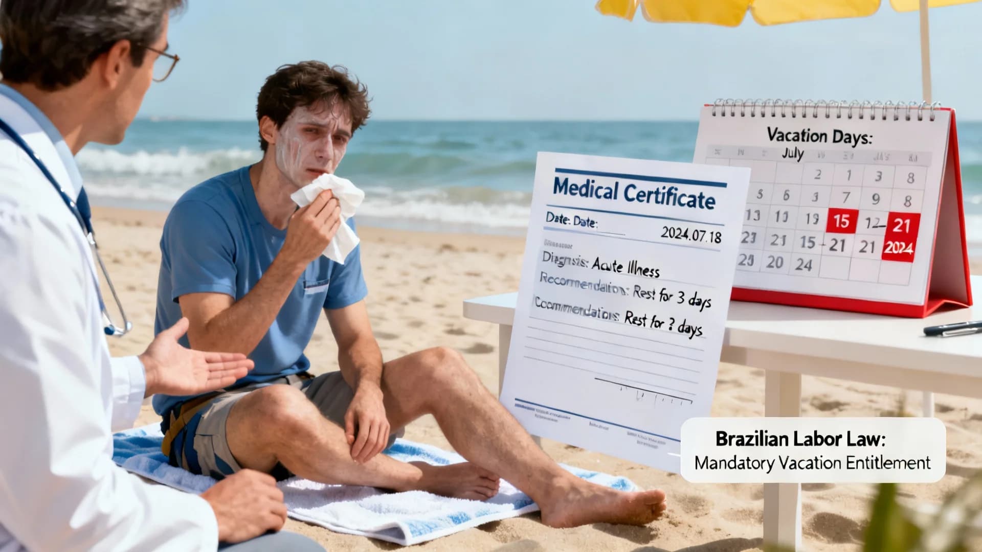 Calendário de férias com atestado médico e dúvidas trabalhistas destacadas