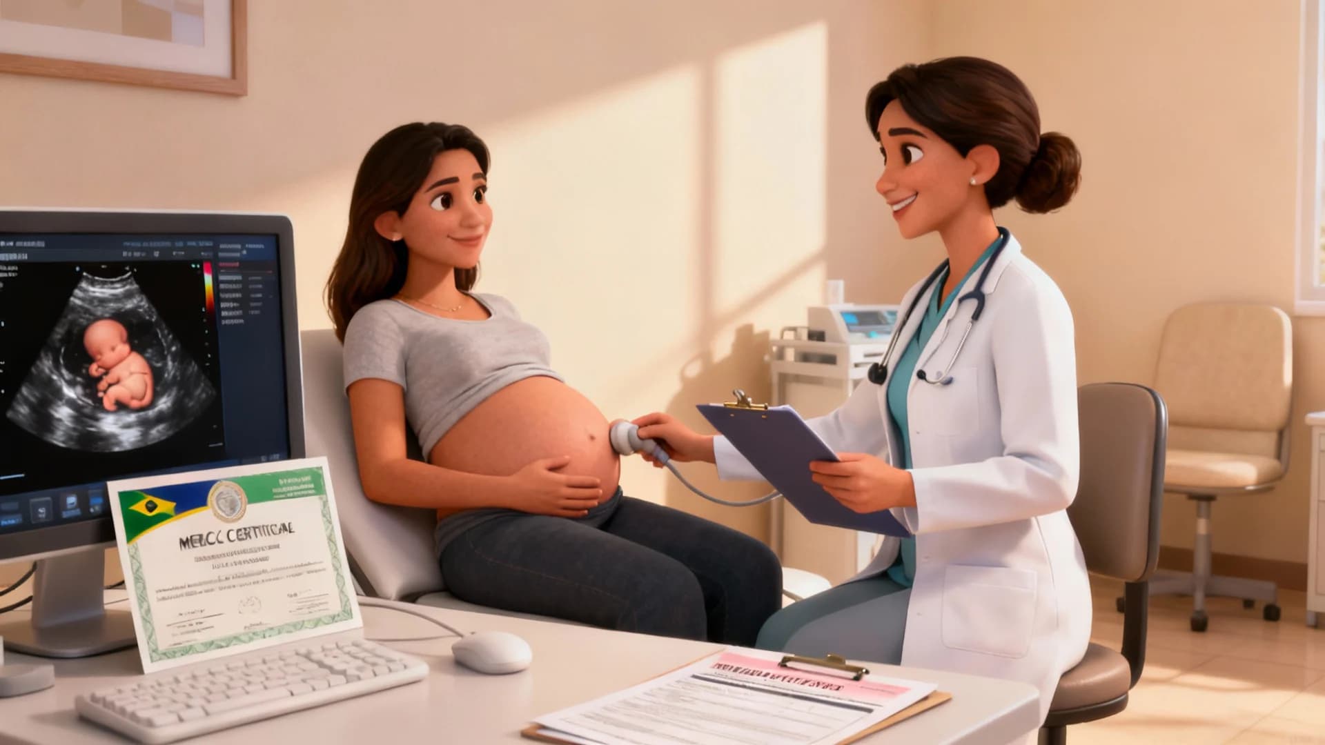 Gestante analisando direitos trabalhistas e documentação médica de afastamento
