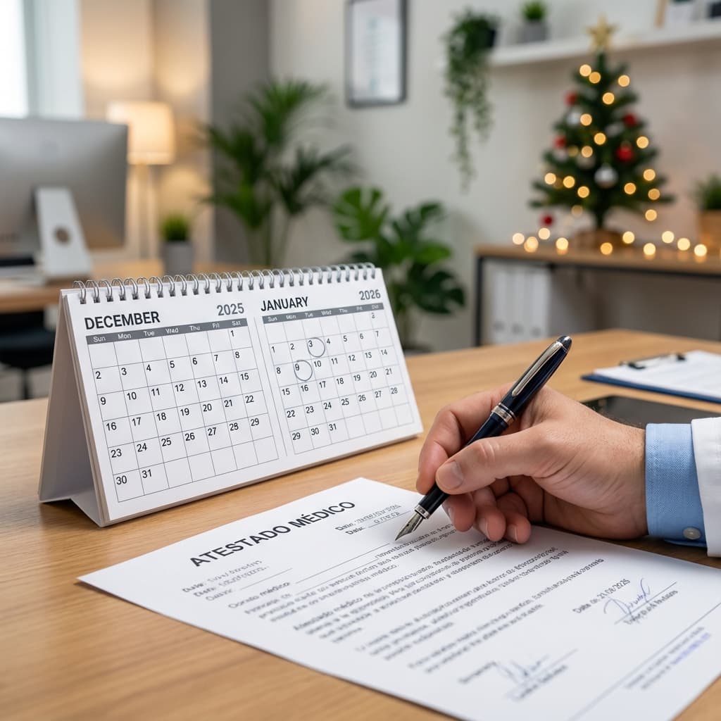 Calendário de fim de ano com atestado médico e regras da CLT