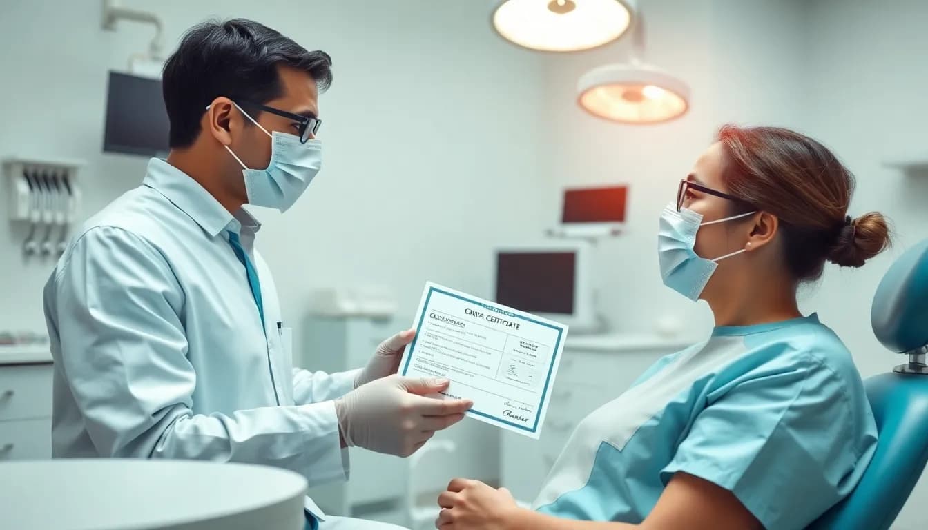 Atestado odontológico com instrumentos de dentista e documento assinado