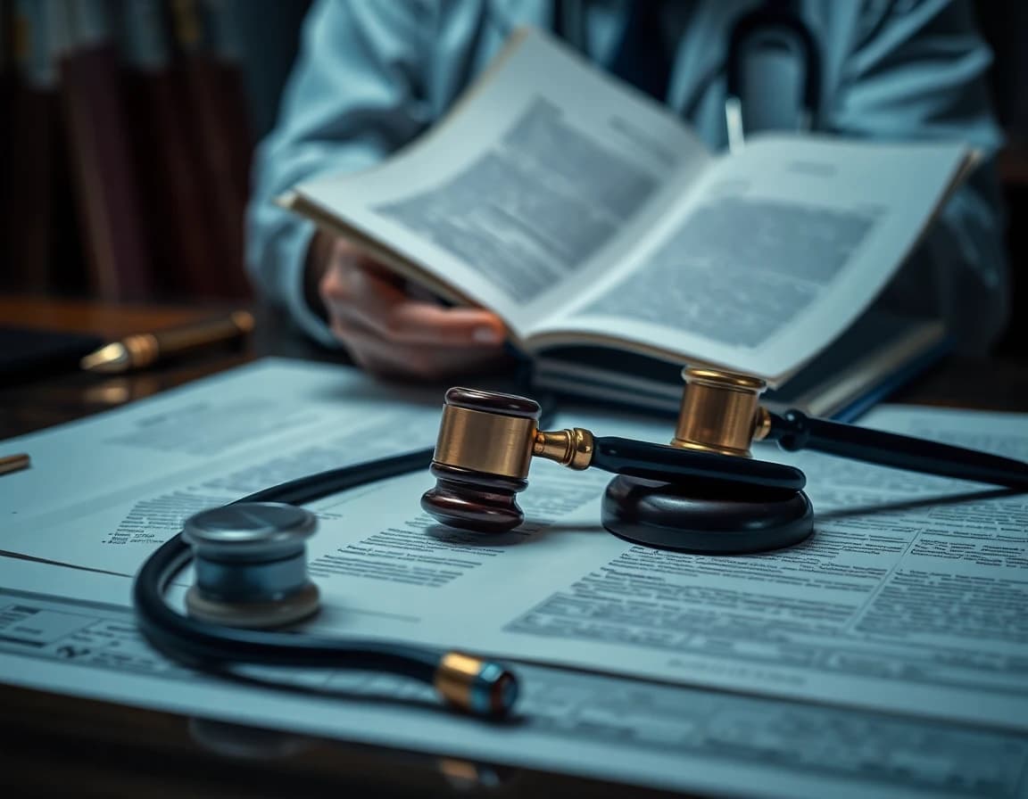 Mesa com processo judicial, laudo e atestado médico para perícia trabalhista