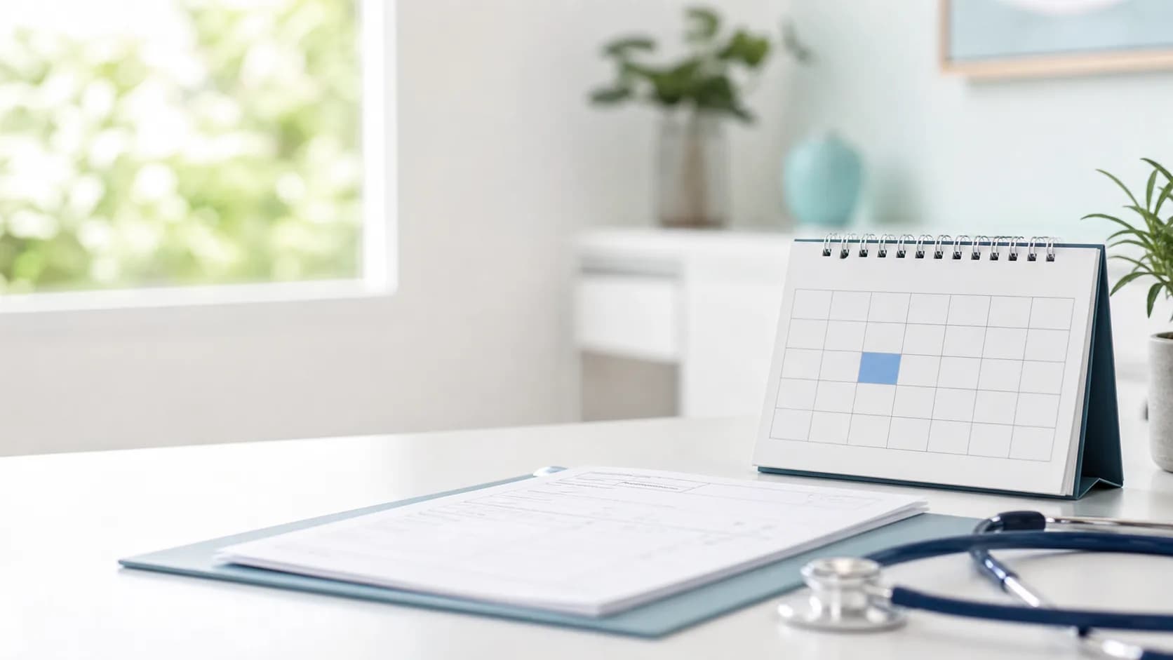 Calendário com um único dia destacado ao lado de documento médico e estetoscópio