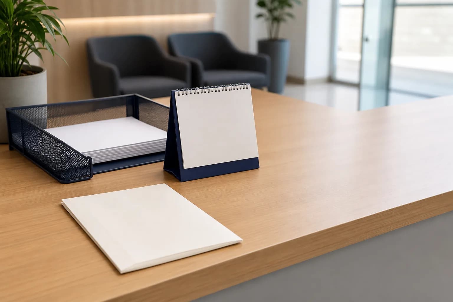 Bandeja de documentos e calendário sem dados identificáveis em uma recepção organizada