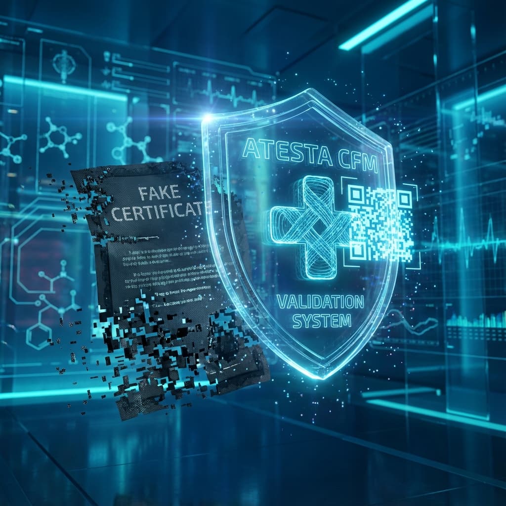 Escudo holográfico digital do Atesta CFM bloqueando atestado médico falso em papel