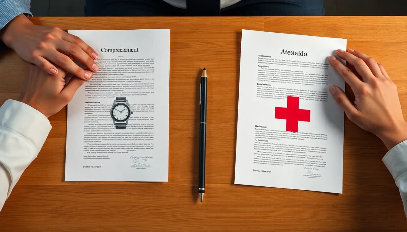 Comparação entre declaração de comparecimento e atestado médico em documentos lado a lado