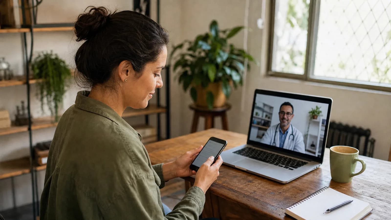 Trabalhadora brasileira conferindo atestado de telemedicina no celular após consulta médica online
