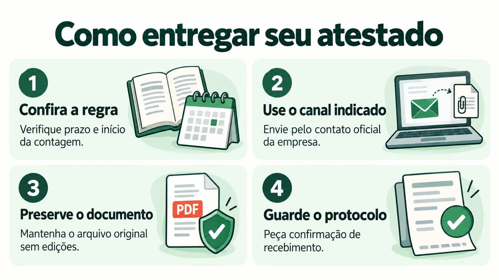 Checklist de entrega do atestado: conferir a regra e o prazo, usar o canal oficial, preservar o documento original e guardar a confirmação de recebimento