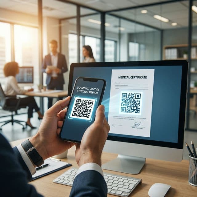 Profissional de RH escaneando um QR Code do Atesta CFM do celular do colaborador para validação do atestado
