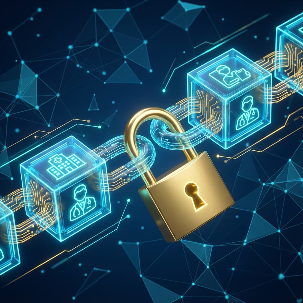 Blockchain Garantindo a Segurança de Dados Médicos Corrente de blocos digitais conectando ícones médicos com um cadeado dourado, representando segurança blockchain