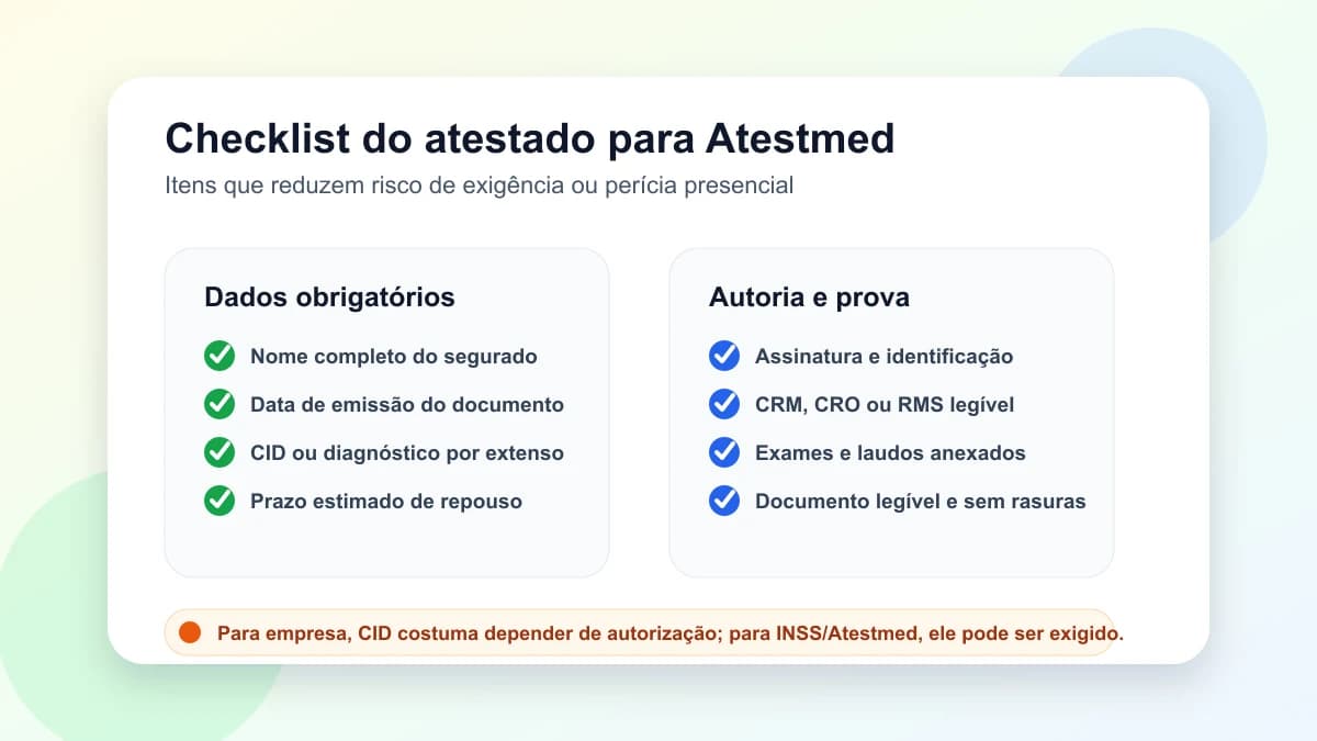 Checklist do atestado médico para análise documental do INSS Checklist original dos requisitos de atestado médico para Atestmed: nome, data, CID, prazo, assinatura, CRM e exames